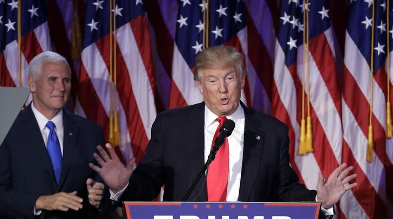President-elect Donald Trump gives his acceptance speech during his election night rally, Wednesday, Nov. 9, 2016, in New York. (AP Photo/John Locher)