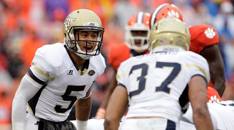 CLEMSON, SC - OCTOBER 10: Justin Thomas #5 of the Georgia Tech Yellow Jackets calls out to Mikell Lands-Davis #37 during their game against the Clemson Tigers at Memorial Stadium on October 10, 2015 in Clemson, South Carolina. (Photo by Tyler Smith/Getty Images)