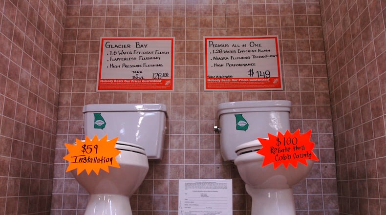 A Home Depot low-flow toilet display at the store in Vinings on Nov. 8, 2007. (FRANK NIEMEIR/Staff)