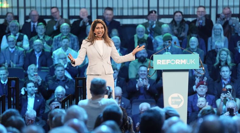 Former British home secretary Suella Braverman speaks during a Reform UK press conference in Westminster, central London, Monday, Jan. 26, 2026. (Stefan Rousseau/PA via AP)