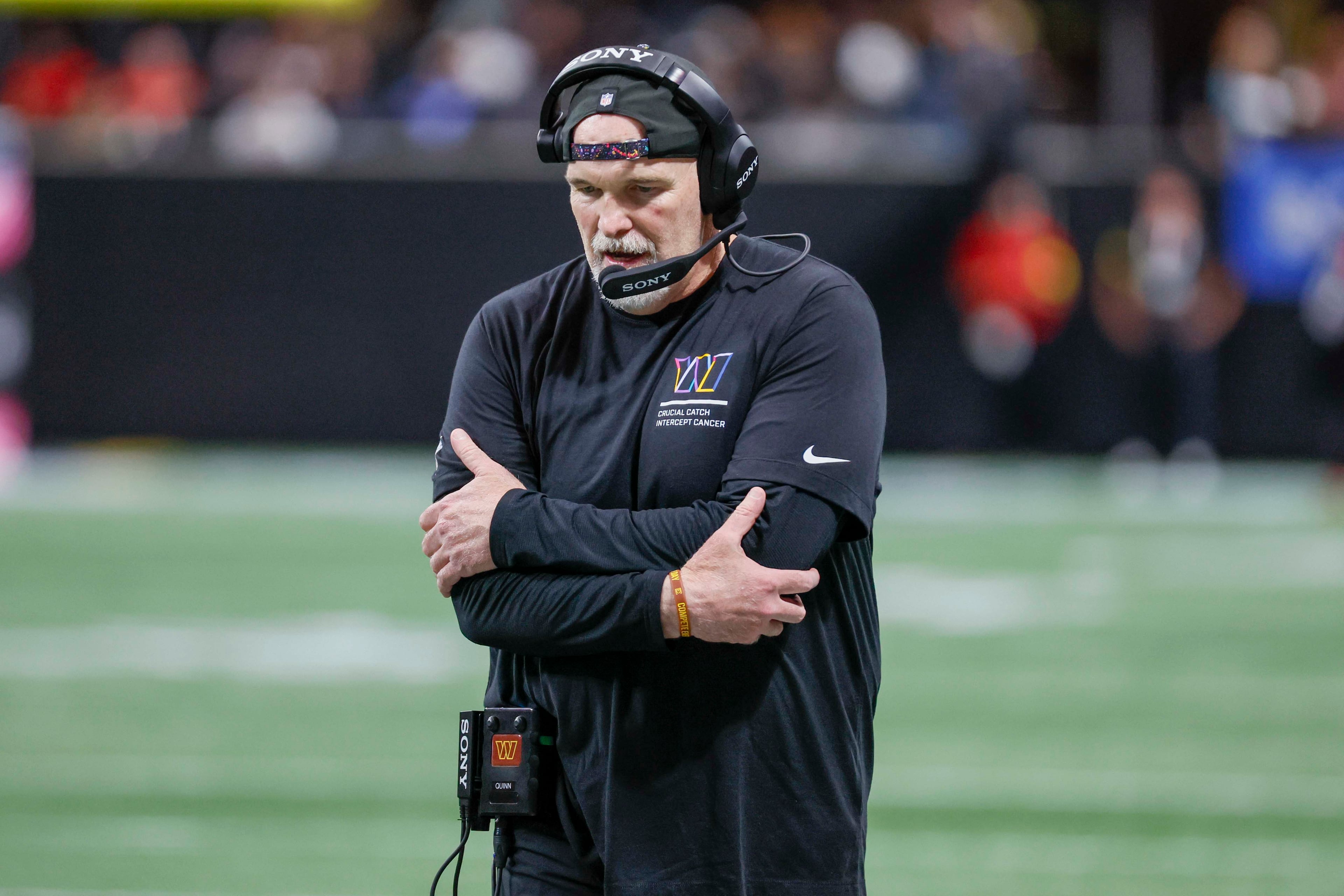 Washington Commanders head coach Dan Quinn reacts after the Atlanta Falcons score during the second half of an NFL football game against the Washington Commanders at Mercedes-Benz Stadium in Atlanta on Sunday, September 28, 2025. (Miguel Martinez/AJC)