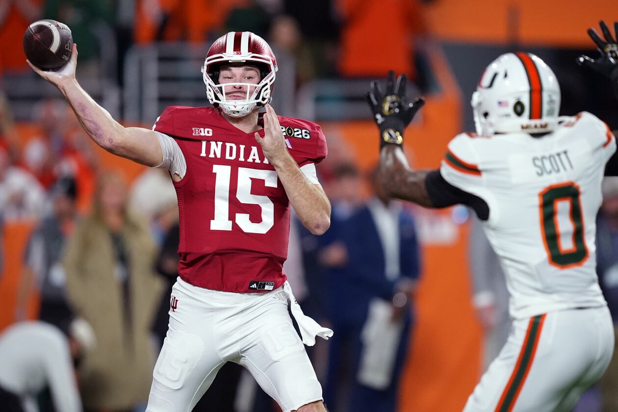 Indiana quarterback Fernando Mendoza passes against Miami during the first half of the College Football Playoff national championship game Jan. 19, 2026, in Miami Gardens, Florida. (Rebecca Blackwell/AP)