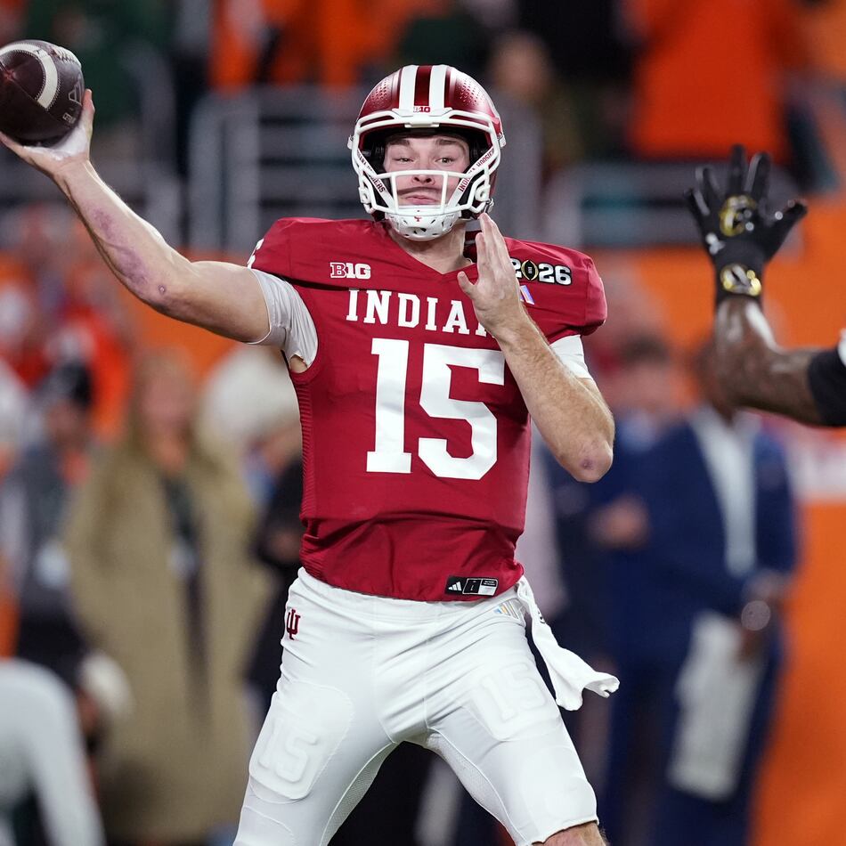 Indiana quarterback Fernando Mendoza passes against Miami during the first half of the College Football Playoff national championship game Jan. 19, 2026, in Miami Gardens, Florida. (Rebecca Blackwell/AP)