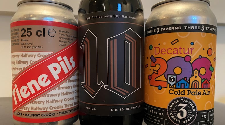 New from Three Taverns are Tiene Pils (from left), 10 barley wine and Decatur 200 cold pale ale. Bob Townsend for The Atlanta Journal-Constitution