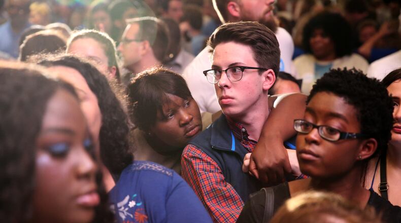 June 20, 2017 - Atlanta, Ga: Jon Ossoff supporters react to the news that Jon Ossoff lost to Karen Handel during the sixth district congressional runoff during the Jon Ossoff election night party at the Westin Atlanta Perimeter Hotel Tuesday, June 20, 2017, in Atlanta. This is the election coverage of the sixth district congressional runoff between Jon Ossoff and Karen Handel. PHOTO / JASON GETZ