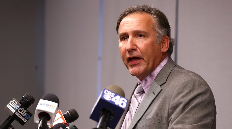 Fulton County Schools Superintendent Mike Looney holds a press conference announcing school closures after a Bear Creek Middle School teacher had a confirmed case of COVID-19 at the Fulton County Schools Administrative Building on Monday, March 9, 2020. (Curtis Compton/ccompton@ajc.com)
