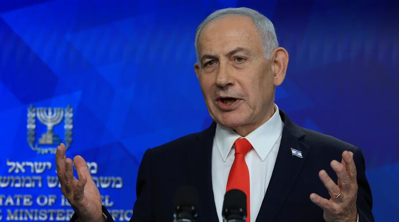 Israeli Prime Minister Benjamin Netanyahu holds a news conference, in Jerusalem, Monday June 15, 2026. (Ronen Zvulun, Pool Photo via AP)