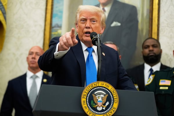 President Donald Trump speaks during an event to present law enforcement officers with an award in the Oval Office at the White House, Monday, May 19, 2025. (AP Photo/Manuel Balce Ceneta)