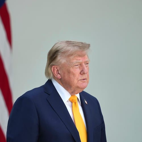 President Donald Trump listens during a back to school event in the Rose Garden of the White House, Monday, Aug. 24, 2026, in Washington. (AP Photo/Alex Brandon)