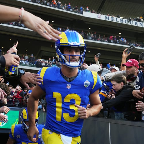 Los Angeles quarterback Stetson Bennett takes the field in the fourth quarter in the Rams' game against the San Francisco 49ers in Australia. (Asanka Brendon Ratnayake/AP)