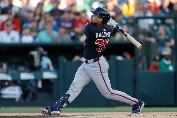 Atlanta Braves' Drake Baldwin hits a three-run home run during the first inning of a baseball game against the Athletics, Wednesday, July 9, 2025, in West Sacramento, Calif. (AP Photo/Sergio Estrada)