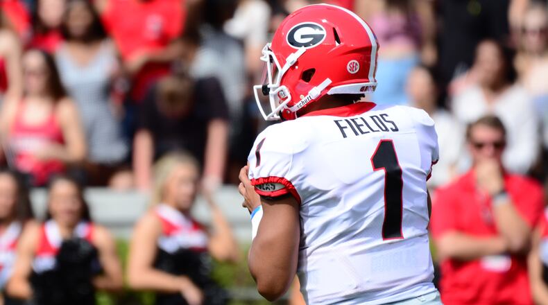 Georgia quarterback Justin Fields (1) during the G-Day game Saturday, Apr. 21, 2018 at Sanford Stadium in Athens.