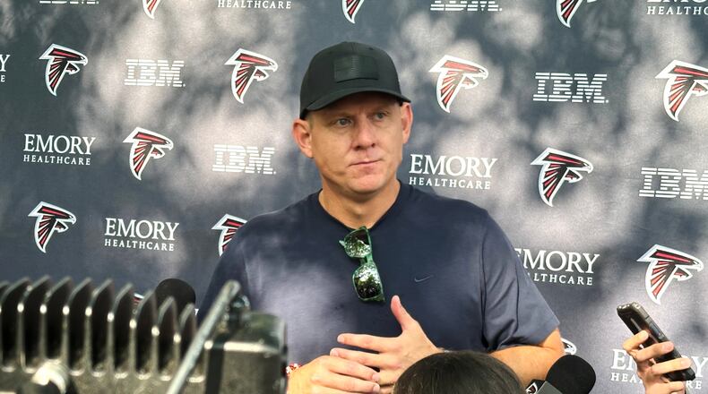 Veteran kicker Nick Folk, 41, speaks with reporters at the Atlanta Falcons practice facility in Flowery Branch, Georgia, Tuesday, July 28, 2026, before the team's first practice of training camp on Wednesday. (AP Photo/Charles Odum)
