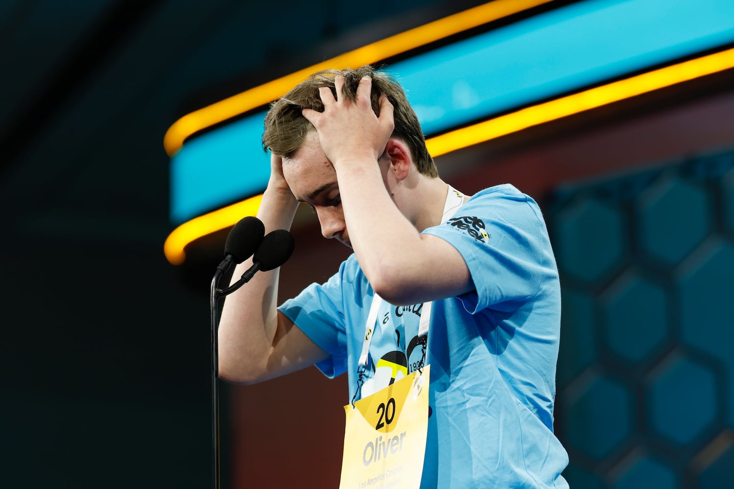 Oliver Halkett, 13, of Los Angeles, competes in the finals of the Scripps National Spelling Bee in National Harbor, Md., on Thursday, May 29, 2025. (Ting Shen/The New York Times) 