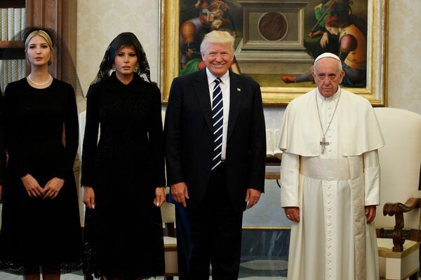 Ivanka Trump, first lady Melania Trump, and President Donald Trump stand with Pope Francis during a meeting, Wednesday, May 24, 2017, at the Vatican. (AP Photo/Evan Vucci, File)