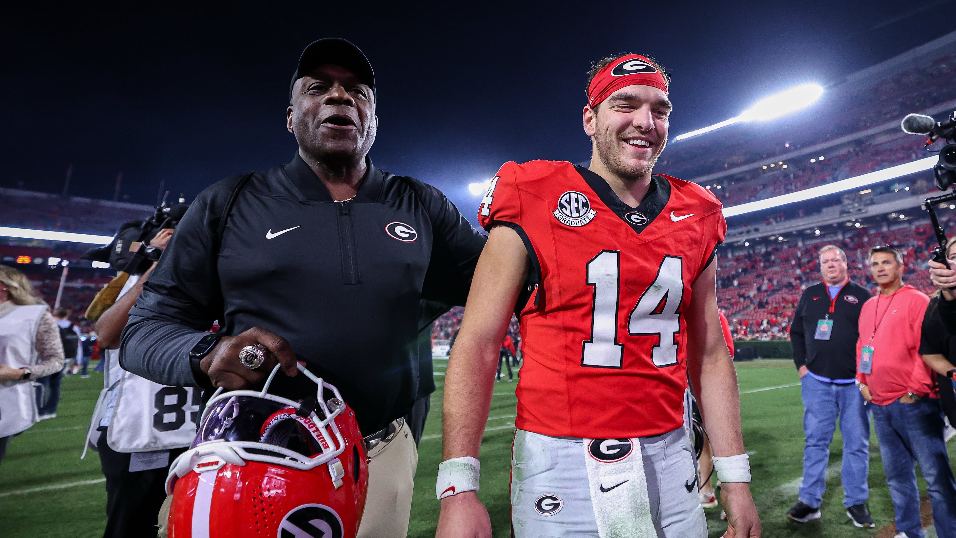 Georgia quarterback Gunner Stockton (14) reacts after an NCAA college football game against Texas, Saturday, Nov. 15, 2025, in Athens, Ga. (AP Photo/Colin Hubbard)