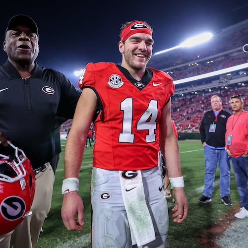 Georgia quarterback Gunner Stockton (14) reacts after an NCAA college football game against Texas, Saturday, Nov. 15, 2025, in Athens, Ga. (AP Photo/Colin Hubbard)