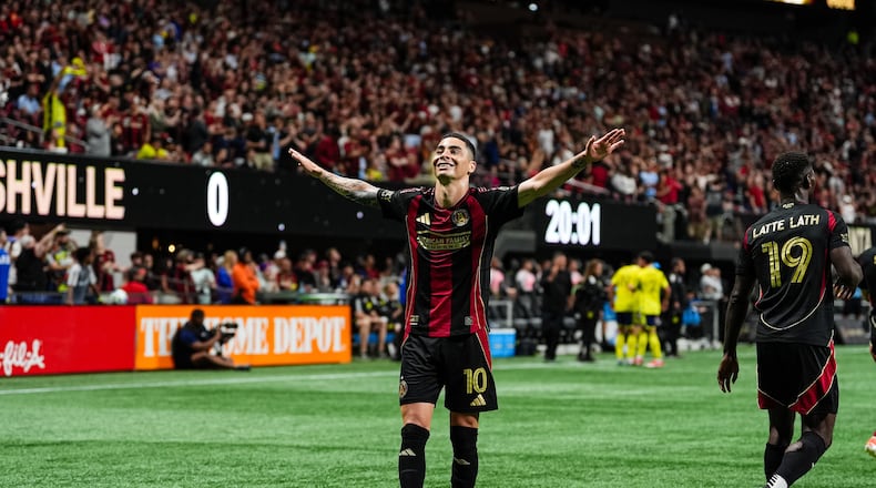 Atlanta United forward Miguel Almiron celebrates after scoring in the 20th minute Saturday against Nashville SC at Mercedes-Benz Stadium in Atlanta. The goal moved Almiron into sole possession of second place on the team's all-time goals list. (Matthew Dingle/Atlanta United)