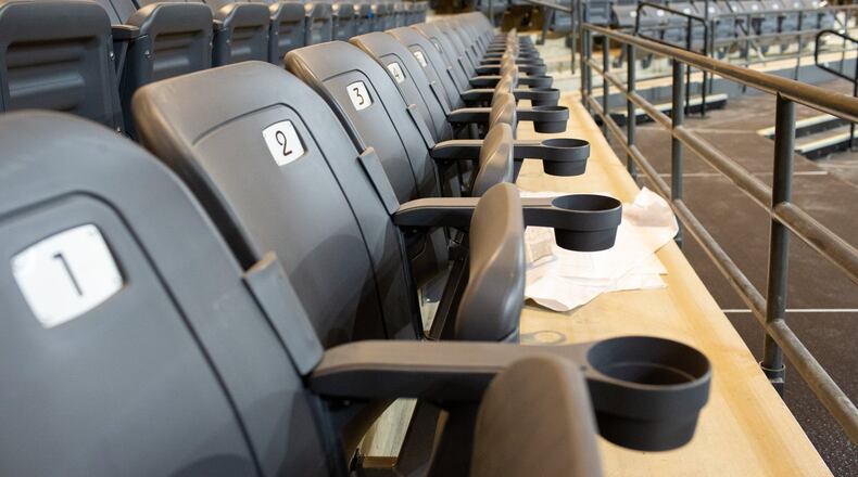 Scenes from inside the currently under-construction Gateway Center Arena at College Park in Atlanta, Georgia, on Thursday, Oct. 24, 2019. The Gateway Center Arena at College Park open in November, and the city hopes the new venue will be a draw for the city. It’ll host the Hawks’ G-League, the Atlanta Dream and shows programmed by the Fox Theatre. (Photo/Rebecca Wright for the Atlanta Journal-Constitution)