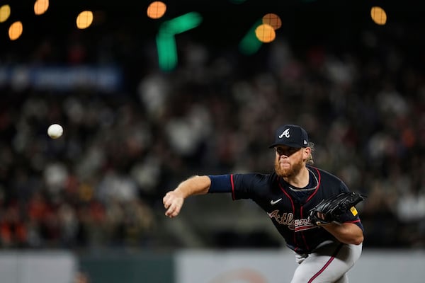 Atlanta Braves' Craig Kimbrel pitches to a San Francisco Giants batter during the seventh inning of a baseball game Friday, June 6, 2025, in San Francisco. (AP Photo/Godofredo A. Vásquez)