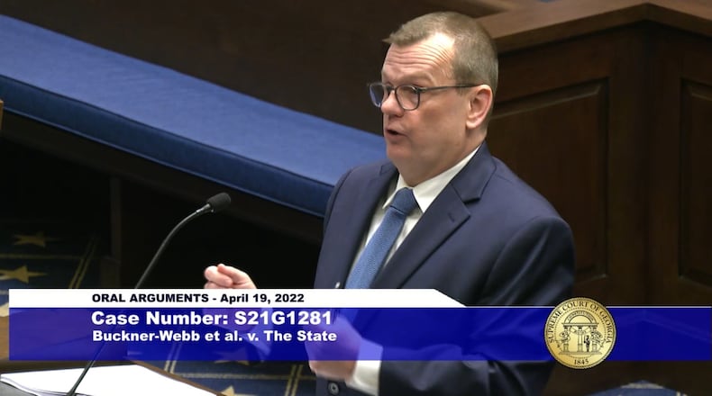 Public defender Stephen Scarborough argues before the Georgia Supreme Court on Tuesday.