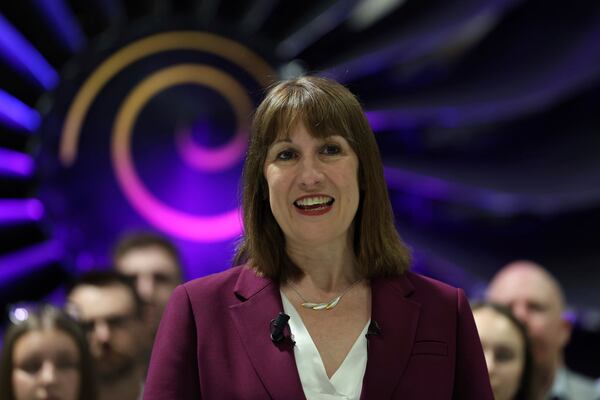 Britain's Chancellor of the Exchequer Rachel Reeves speaks with the media at the Rolls-Royce factory in Derby, England following the announcement from the Office for National Statistics that the U.K. economy grew by 0.7% between January and March, Thursday, May 15, 2025. (Darren Staples/PA via AP)