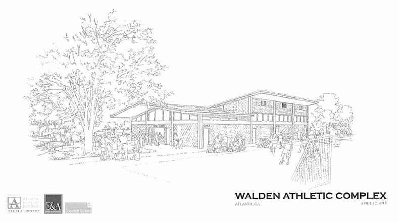A rendering of the fieldhouse at the Walden Athletic Complex, 320 Irwin St., which will be used by students at Grady High School and Inman Middle School.  Construction is scheduled to be complete in August.