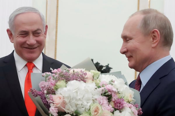 FILE - Israeli Prime Minister Benjamin Netanyahu and Russian President Vladimir Putin meet at the Kremlin in Moscow, Russia, on Jan. 30, 2020. (Maxim Shemetov/Pool Photo via AP, File)