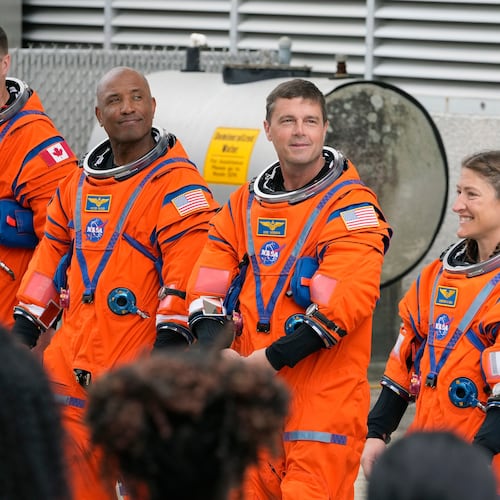 Astronauts, from left, Mission Specialist Jeremy Hansen, of Canada,, Pilot Victor Glover, Commander Reid Wiseman, and Mission Specialist Christina Koch pose for a photo after leaving the Operations and Checkout Building for a trip to Launch Pad 39-B and a planned liftoff on NASA's Artermis II moon rocket at the Kennedy Space Center Wednesday, April 1, 2026, in Cape Canaveral, Fla. (AP Photo/Chris O'Meara)