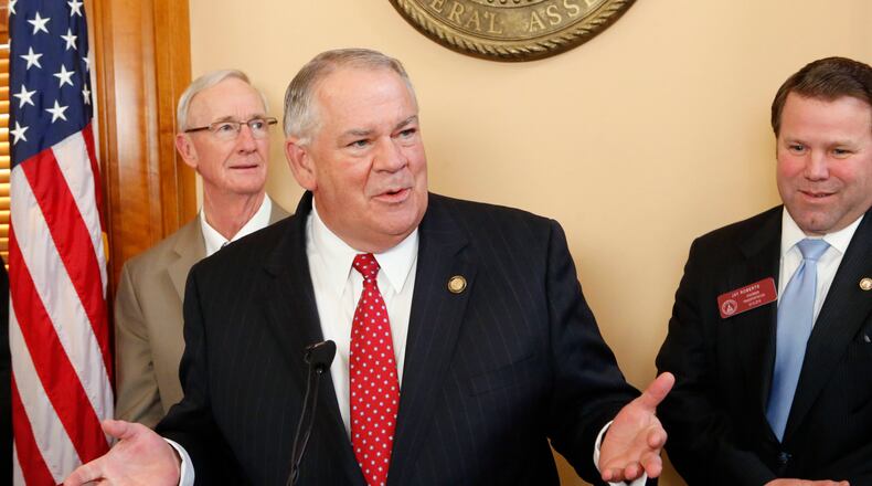 Speaker David Ralston, center, speaks during a news conference, Wednesday, Jan. 28, 2015, in Atlanta. Republican leaders in the state House unveiled their plan for funding transportation improvements on Wednesday. (AP Photo/Atlanta Journal-Constitution, Bob Andres) MARIETTA DAILY OUT; GWINNETT DAILY POST OUT; LOCAL TELEVISION OUT; WXIA-TV OUT; WGCL-TV OUT House Speaker David Ralston, center, at a 2015 press conference. Bob Andres, bandres@ajc.com