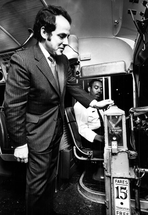 March 1, 1972 - Atlanta Mayor Sam Massell rides the Atlanta bus system, MARTA. J.A. Hawkins is the bus operator. (Robert Connell/AJC file)