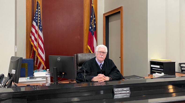 Duluth Chief Judge and Court Administrator Charles L. Barrett, III on the bench in Municipal Court. PHOTO BY KAREN HUPPERTZ FOR THE AJC