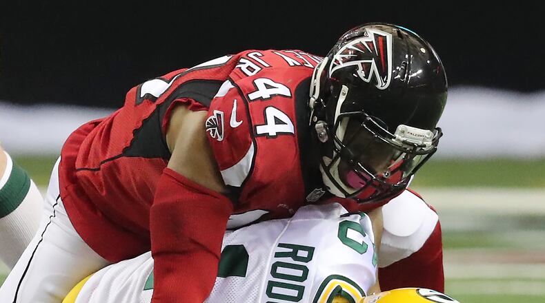Vic Beasley Jr. sacks quarterback Aaron Rodgers during the Falcons-Packers regular-season matchup in 2016. The teams met in the NFC title game in January and will face each other Sunday in the 2017 home opener for the Falcons at Mercedes-Benz Stadium. Curtis Compton/ccompton@ajc.com