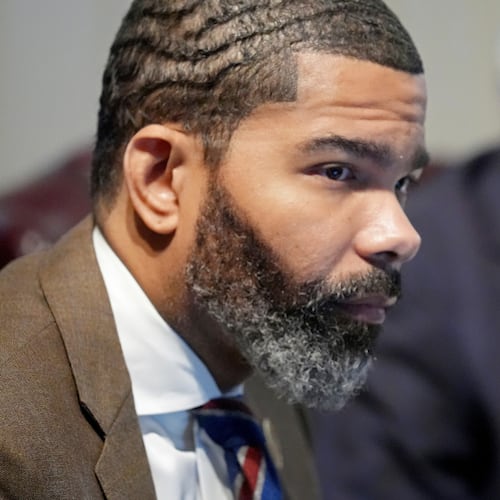 FILE - Jackson Mayor Chokwe Antar Lumumba listens to the weekly Jackson City Council meeting at city hall in Jackson, Miss., Tuesday, Nov. 19, 2024. (AP Rogelio V. Solis, File)