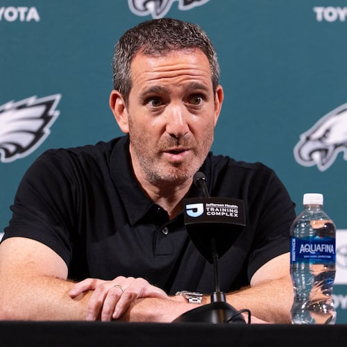 Philadelphia Eagles executive vice president and general manager Howie Roseman speaks with the media during a news conference at the NFL football team's training facility, Tuesday, April 14, 2026, in Philadelphia. (AP Photo/Chris Szagola)