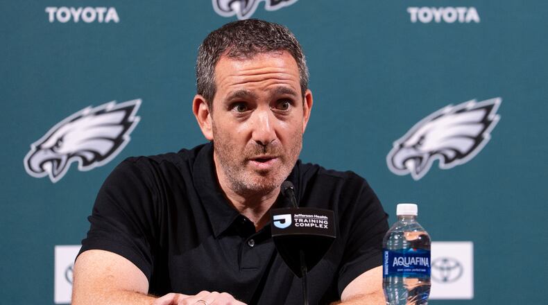 Philadelphia Eagles executive vice president and general manager Howie Roseman speaks with the media during a news conference at the NFL football team's training facility, Tuesday, April 14, 2026, in Philadelphia. (AP Photo/Chris Szagola)
