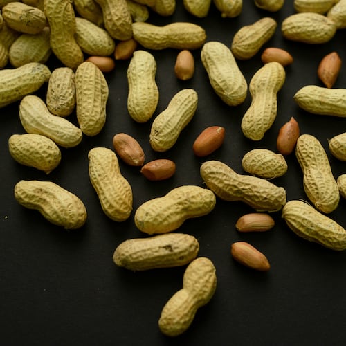 FILE - An arrangement of peanuts is seen Feb. 20, 2015, in New York. (AP Photo/Patrick Sison, File)