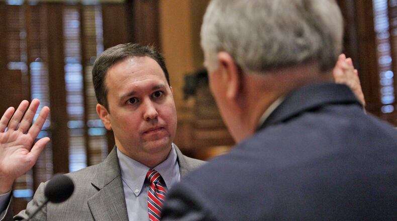 July 19, 2012 - Atlanta - Gov. Nathan Deal swore in the state's newest member of the Georgia Supreme Court -- Keith Blackwell -- in a ceremony in the House chambers at the Capitol. BOB ANDRES / BANDRES@AJC.COM