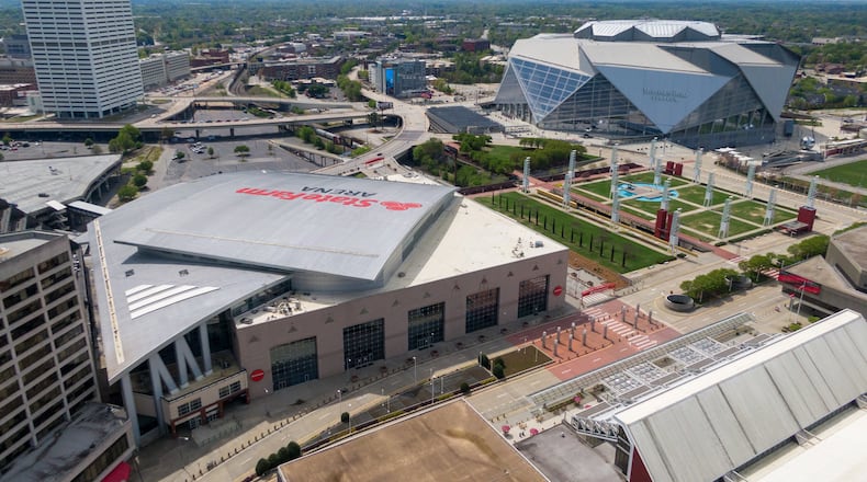 State Farm Arena, Mercedes-Benz Stadium and other sports venues went quiet when the coronavirus pandemic shut down the sports world in March 2020. (Hyosub Shin/hshin@ajc.com)