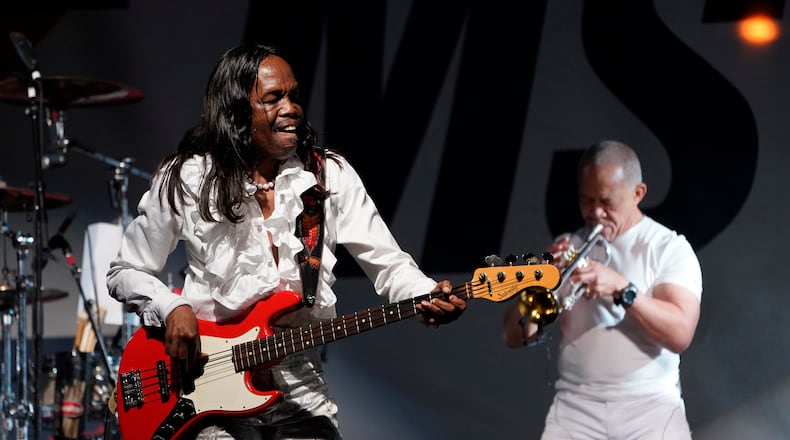 Verdine White, left, of Earth, Wind & Fire performs at the Race to Erase MS drive-in event at the Rose Bowl, Friday, June 4, 2021, in Pasadena, California. (AP Photo/Chris Pizzello)