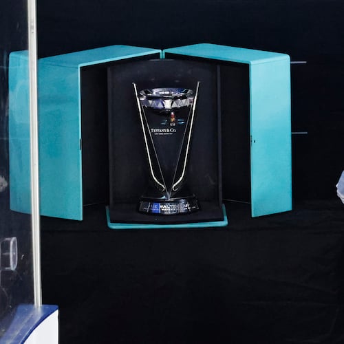 FILE - The Walter Cup is displayed before being presented to Minnesota after after they defeated Boston in Game 5 of the finals to win the PWHL, May 29, 2024, in Lowell, Mass. (AP Photo/Mary Schwalm)