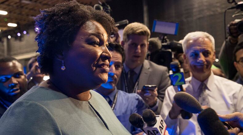11/20/2019 -- Atlanta, Georgia -- Former Georgia Gubernatorial candidate Stacey Abrams, founder of Fair Fight Georgia, speaks with members of the press before the start of the MSNBC/The Washington Post Democratic Presidential debate at Tyler Perry Studios, Monday, November 20, 2019. (Alyssa Pointer/Atlanta Journal Constitution)