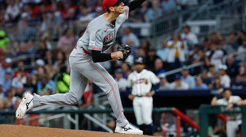 Cincinnati Reds pitcher Brandon Williamson delivers to an Atlanta Braves batter during the first inning of a baseball game, Tuesday, Sept. 22, 2026, in Atlanta. (AP Photo/Erik S. Lesser)