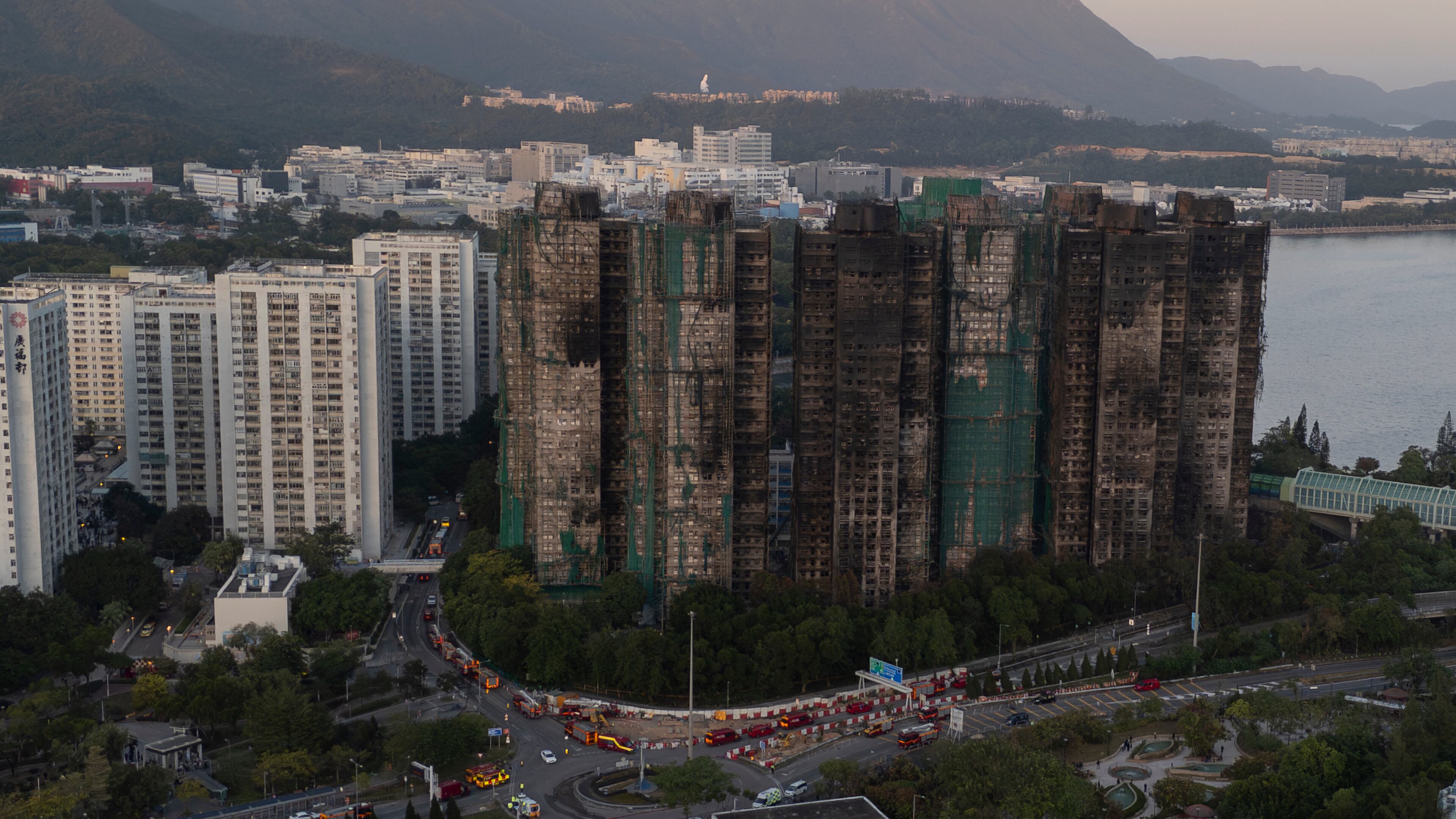 An aerial view of the burnt buildings after a deadly fire that started Wednesday at Wang Fuk Court, a residential estate in the Tai Po district of Hong Kong's New Territories, Friday, Nov. 28 2025. (AP Photo/Ng Han Guan)