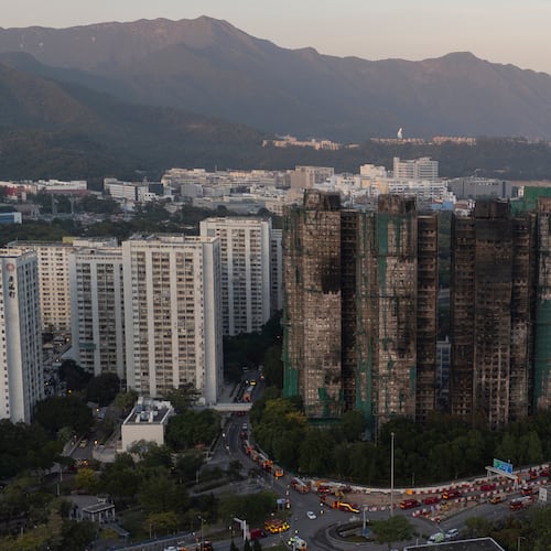 An aerial view of the burnt buildings after a deadly fire that started Wednesday at Wang Fuk Court, a residential estate in the Tai Po district of Hong Kong's New Territories, Friday, Nov. 28 2025. (AP Photo/Ng Han Guan)