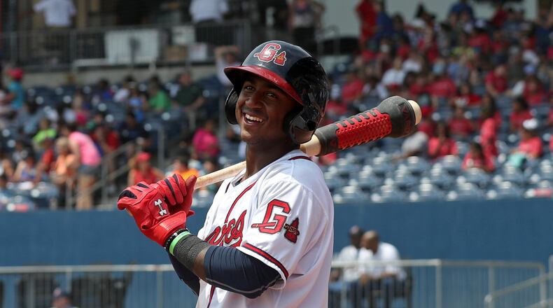 Gwinnett Braves second baseman Ozzie Albies (1) before an at-bat against the Toledo Mud Hens during their game at Coolray Field Thursday, May 11, 2017, in Lawrenceville, Ga. PHOTO / JASON GETZ
