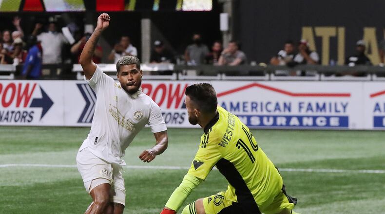 Atlanta United forward Josef Martinez has his shot blocked by Toronto FC goalkeeper Quentin Westberg during the second half in a MLS soccer match on Wednesday, August 18, 2021, in Atlanta. Atlanta United held on for a 1-0 victory. “Curtis Compton / Curtis.Compton@ajc.com”