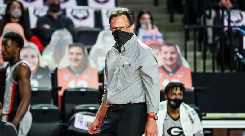 Georgia head coach Tom Crean during a game against Alabama at Stegeman Coliseum in Athens, Ga., on Saturday, March 6, 2021. (Photo by Tony Walsh)