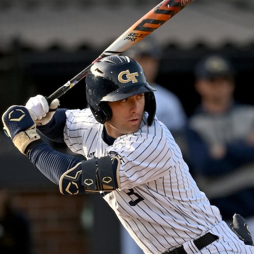 Georgia Tech infielder Carson Kerce takes an at-bat during the third inning of a baseball game at Georgia Tech’s Russ Chandler Stadium, Tuesday, Feb. 24, 2026, in Atlanta. (Hyosub Shin/AJC)