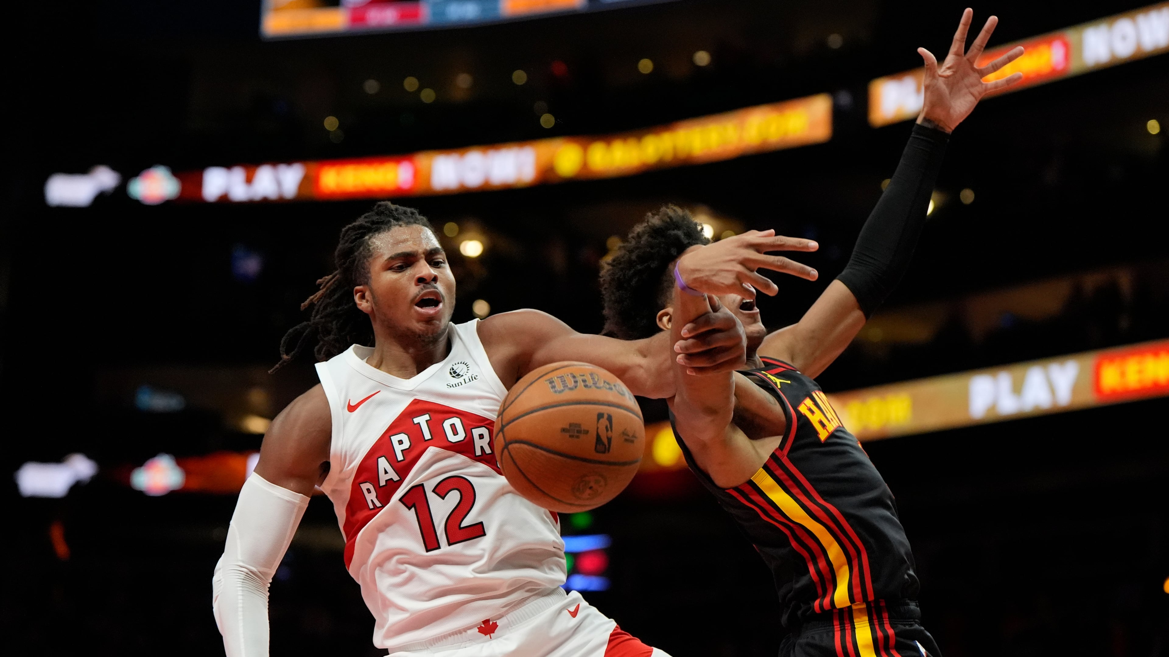 Atlanta Hawks forward Jalen Johnson had 21 points, seven rebounds and four assists in the Hawks' 109-97 loss to the Raptors on Friday. (Mike Stewart/AP)